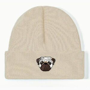 Pug Embroidered Knitted Beanie/Stocking Hat in Beige